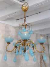 Load image into Gallery viewer, Antique Chandelier Aqua Blue Opaline Drops Cup Beads 1930 MURANO 5 lights RARE
