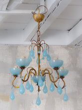 Load image into Gallery viewer, Antique Chandelier Aqua Blue Opaline Drops Cup Beads 1930 MURANO 5 lights RARE