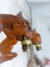 Load image into Gallery viewer, Pair Vintage French Carved Wood Gothic Chimera Wall Light Sconce Gargoye Console