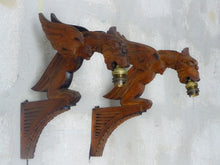 Load image into Gallery viewer, Pair Vintage French Carved Wood Gothic Chimera Wall Light Sconce Gargoye Console