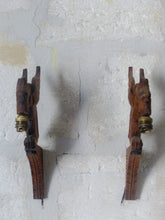 Load image into Gallery viewer, Pair Vintage French Carved Wood Gothic Chimera Wall Light Sconce Gargoye Console