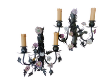 Load image into Gallery viewer, Antique Pair Wall Light Sconces Green Tole 1930 Porcelain Flowers Foliage #2