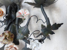 Load image into Gallery viewer, Antique Pair Wall Light Sconces Green Tole 1930 Porcelain Flowers Foliage #1