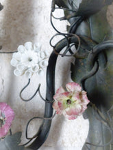 Load image into Gallery viewer, Antique Pair Wall Light Sconces Green Tole 1930 Porcelain Flowers Foliage #2