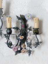 Load image into Gallery viewer, Antique Pair Wall Light Sconces Green Tole 1930 Porcelain Flowers Foliage #1