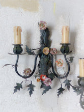 Load image into Gallery viewer, Antique Pair Wall Light Sconces Green Tole 1930 Porcelain Flowers Foliage #1