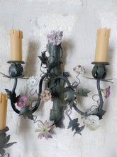 Load image into Gallery viewer, Antique Pair Wall Light Sconces Green Tole 1930 Porcelain Flowers Foliage #2