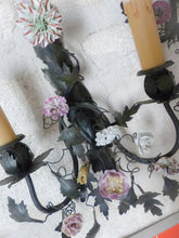 Load image into Gallery viewer, Antique Pair Wall Light Sconces Green Tole 1930 Porcelain Flowers Foliage #2