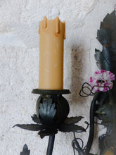 Load image into Gallery viewer, Antique Pair Wall Light Sconces Green Tole 1930 Porcelain Flowers Foliage #2