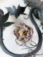 Load image into Gallery viewer, Antique Pair Wall Light Sconces Green Tole 1930 Porcelain Flowers Foliage #1
