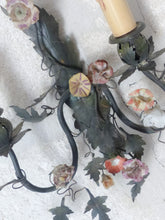 Load image into Gallery viewer, Antique Pair Wall Light Sconces Green Tole 1930 Porcelain Flowers Foliage #1