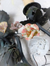 Load image into Gallery viewer, Antique Pair Wall Light Sconces Green Tole 1930 Porcelain Flowers Foliage #1