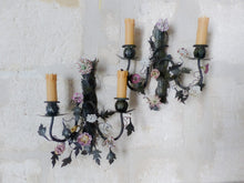 Load image into Gallery viewer, Antique Pair Wall Light Sconces Green Tole 1930 Porcelain Flowers Foliage #2