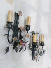 Load image into Gallery viewer, Antique Pair Wall Light Sconces Green Tole 1930 Porcelain Flowers Foliage #1