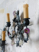 Load image into Gallery viewer, Antique Pair Wall Light Sconces Green Tole 1930 Porcelain Flowers Foliage #2