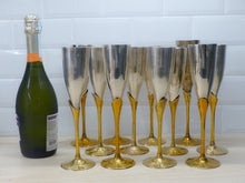 Load image into Gallery viewer, Charming Set of x12 Vintage Champagne Flutes Brass & Silverplated Metal 9"- Used