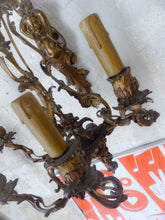 Load image into Gallery viewer, Large Antique PAIR French Wall Light Sconce RARE 2 Cherubs Angels Bronze 4 fires