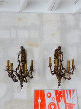 Load image into Gallery viewer, Large Antique PAIR French Wall Light Sconce RARE 2 Cherubs Angels Bronze 4 fires