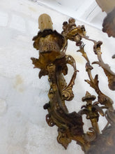 Load image into Gallery viewer, Large Antique PAIR French Wall Light Sconce RARE 2 Cherubs Angels Bronze 4 fires