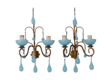 Load image into Gallery viewer, MURANO 1930 Antique PAIR Wall Light Aqua Blue Opaline Drops Cup Bead Chandelier