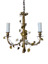Load image into Gallery viewer, French Antique Bronze Louis XVI Chandelier Porcelain Flowers Ribbon 1930 Foliage