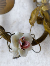 Load image into Gallery viewer, Antique Pair Wall Light Sconces Bronze Brass 1930 Porcelain Flowers Foliage