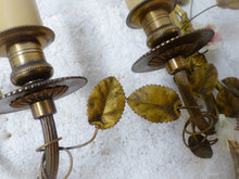 Load image into Gallery viewer, Antique Pair Wall Light Sconces Bronze Brass 1930 Porcelain Flowers Foliage