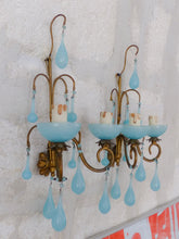 Load image into Gallery viewer, MURANO 1930 Antique PAIR Wall Light Aqua Blue Opaline Drops Cup Bead Chandelier
