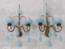 Load image into Gallery viewer, MURANO 1930 Antique PAIR Wall Light Aqua Blue Opaline Drops Cup Bead Chandelier