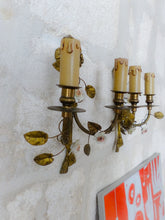 Load image into Gallery viewer, Antique Pair Wall Light Sconces Bronze Brass 1930 Porcelain Flowers Foliage
