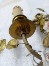 Load image into Gallery viewer, Antique Pair Wall Light Sconces Bronze Brass 1930 Porcelain Flowers Foliage