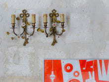 Load image into Gallery viewer, Antique Pair Wall Light Sconces Bronze Brass 1930 Porcelain Flowers Foliage