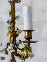 Load image into Gallery viewer, French Antique Bronze Louis XVI Chandelier Porcelain Flowers Ribbon 1930 Foliage