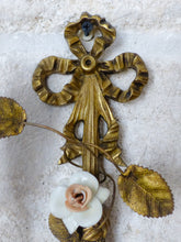 Load image into Gallery viewer, Antique Pair Wall Light Sconces Bronze Brass 1930 Porcelain Flowers Foliage