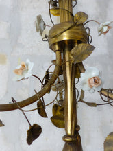 Load image into Gallery viewer, French Antique Bronze Louis XVI Chandelier Porcelain Flowers Ribbon 1930 Foliage