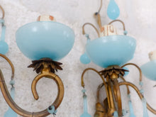 Load image into Gallery viewer, MURANO 1930 Antique PAIR Wall Light Aqua Blue Opaline Drops Cup Bead Chandelier