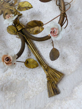 Load image into Gallery viewer, Antique Pair Wall Light Sconces Bronze Brass 1930 Porcelain Flowers Foliage