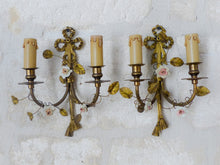 Load image into Gallery viewer, Antique Pair Wall Light Sconces Bronze Brass 1930 Porcelain Flowers Foliage