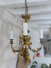 Load image into Gallery viewer, French Antique Bronze Louis XVI Chandelier Porcelain Flowers Ribbon 1930 Foliage