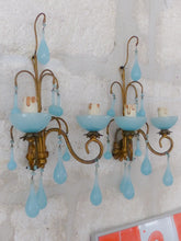 Load image into Gallery viewer, MURANO 1930 Antique PAIR Wall Light Aqua Blue Opaline Drops Cup Bead Chandelier