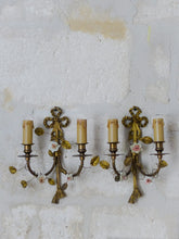 Load image into Gallery viewer, Antique Pair Wall Light Sconces Bronze Brass 1930 Porcelain Flowers Foliage