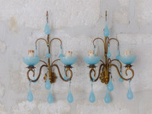 Load image into Gallery viewer, MURANO 1930 Antique PAIR Wall Light Aqua Blue Opaline Drops Cup Bead Chandelier