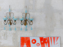 Load image into Gallery viewer, MURANO 1930 Antique PAIR Wall Light Aqua Blue Opaline Drops Cup Bead Chandelier