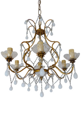 Load image into Gallery viewer, Antique Chandelier White Opaline Drops Cup Beads 1930 MURANO 6 lights RARE