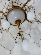 Load image into Gallery viewer, Antique Chandelier White Opaline Drops Cup Beads 1930 MURANO 6 lights RARE