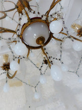 Load image into Gallery viewer, Antique Chandelier White Opaline Drops Cup Beads 1930 MURANO 6 lights RARE