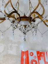 Load image into Gallery viewer, Antique Chandelier White Opaline Drops Cup Beads 1930 MURANO 6 lights RARE