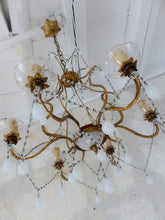 Load image into Gallery viewer, Antique Chandelier White Opaline Drops Cup Beads 1930 MURANO 6 lights RARE