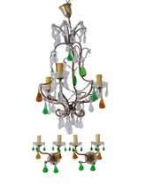 Load image into Gallery viewer, RARE Set Antique Chandelier Wall Lights Handmade Glass Drops Fruits 1950 MURANO