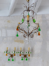 Load image into Gallery viewer, RARE Set Antique Chandelier Wall Lights Handmade Glass Drops Fruits 1950 MURANO